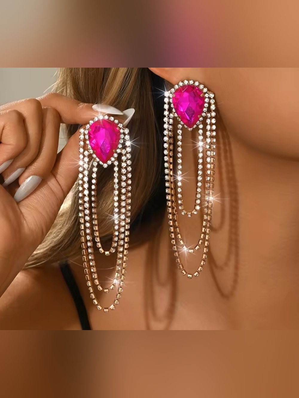 Elegant Pink Gem Drop Fringe Earrings - Gold Tone